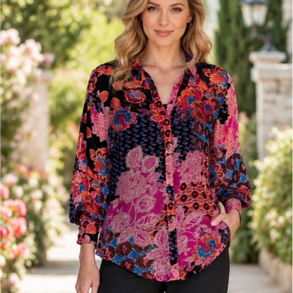 Johnny Was Multi Burnout Floral Button-Front Blouse. M, NWT.